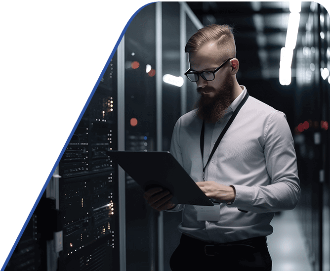 Amtivo (Formerly Certification Europe and EQA) ISO 20000 1 IT Service Management Systems SMS - Worker with a clipboard inspecting computer storage facilities.