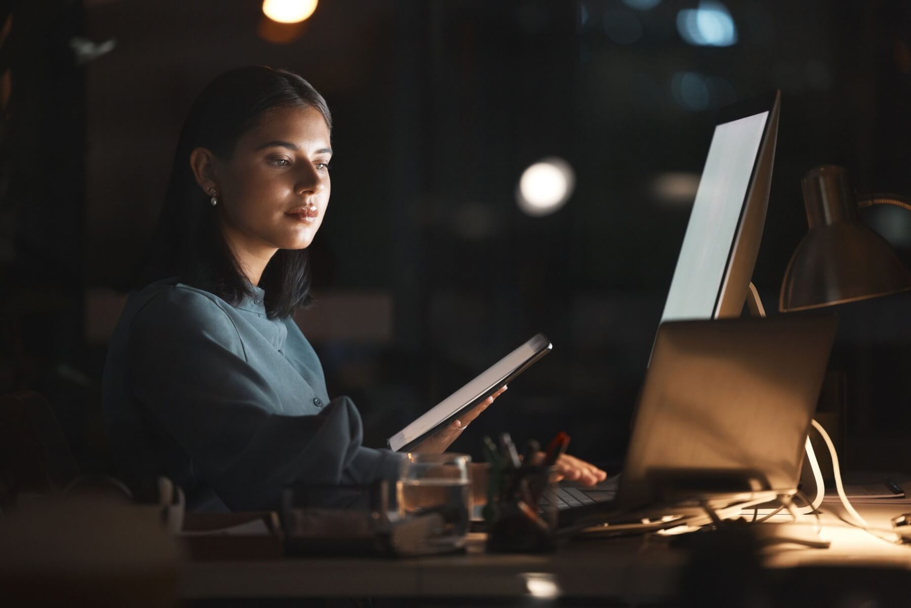 Computer Tech Night and Woman with Tablet Working